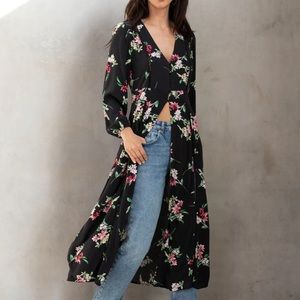 Love Stitch Black Floral Long Duster with Pink & Green Accents